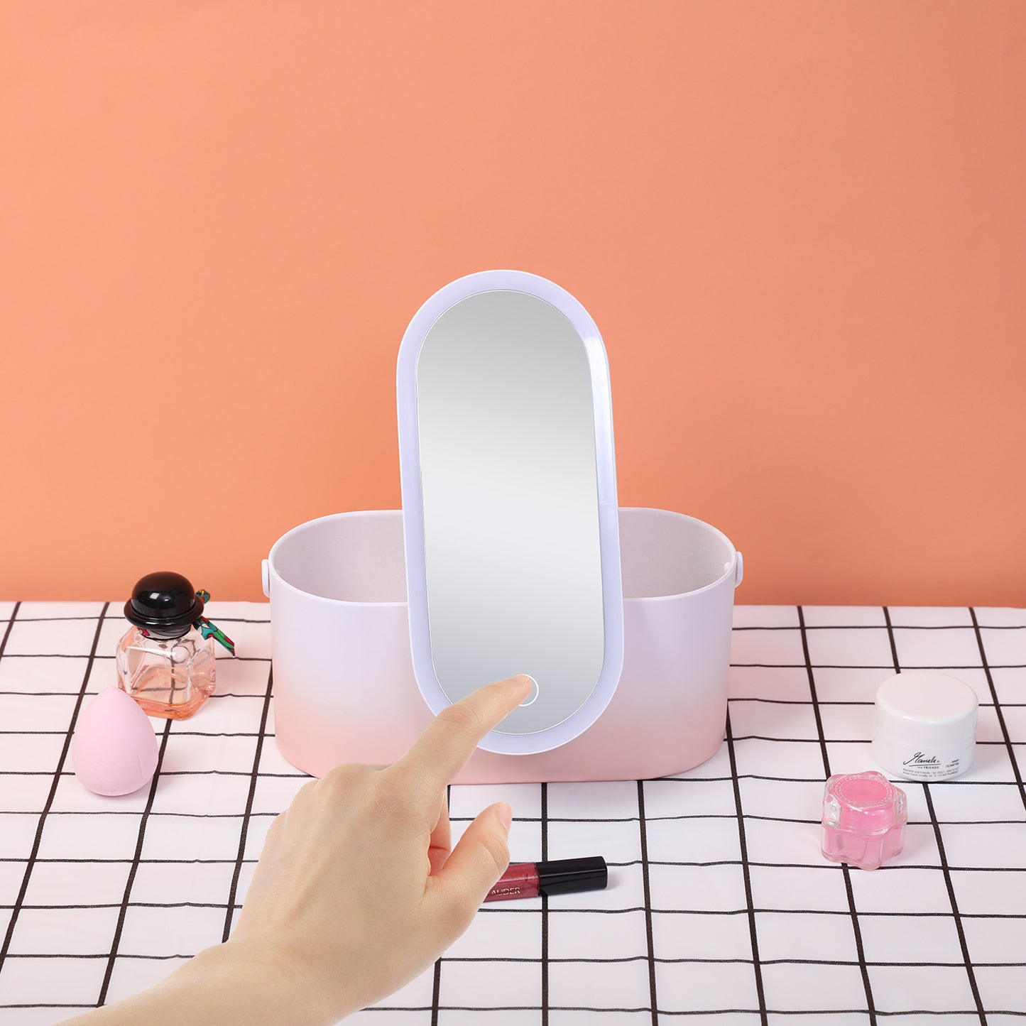 Storage Box LED Makeup Mirror Portable Dresser Travel Cosmetics Organizer Carrying Box With Mirror LED