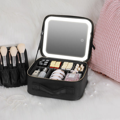 Travel Makeup Bag with Led Light Mirror, Large Capacity Cosmetic Organizer Vanity Travel Case for Make up with Adjustable Compartment