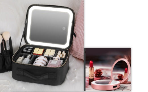 Travel Makeup Bag with Led Light Mirror, Large Capacity Cosmetic Organizer Vanity Travel Case for Make up with Adjustable Compartment