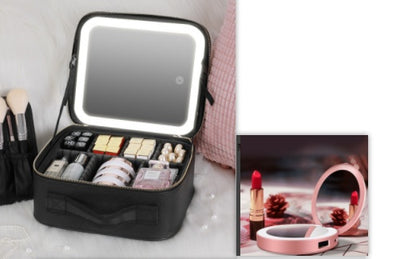 Travel Makeup Bag with Led Light Mirror, Large Capacity Cosmetic Organizer Vanity Travel Case for Make up with Adjustable Compartment
