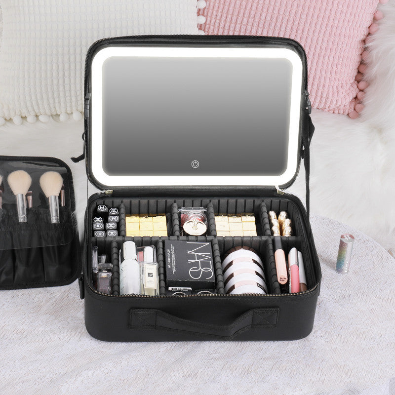 Travel Makeup Bag with Led Light Mirror, Large Capacity Cosmetic Organizer Vanity Travel Case for Make up with Adjustable Compartment