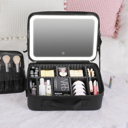 Travel Makeup Bag with Led Light Mirror, Large Capacity Cosmetic Organizer Vanity Travel Case for Make up with Adjustable Compartment
