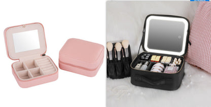 Travel Makeup Bag with Led Light Mirror, Large Capacity Cosmetic Organizer Vanity Travel Case for Make up with Adjustable Compartment