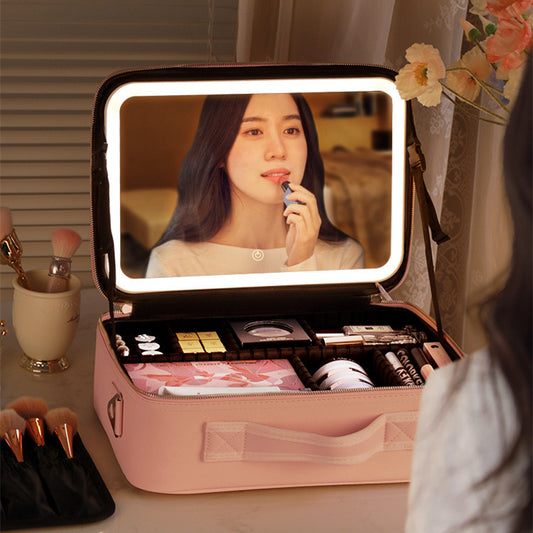 Travel Makeup Bag with Led Light Mirror, Large Capacity Cosmetic Organizer Vanity Travel Case for Make up with Adjustable Compartment