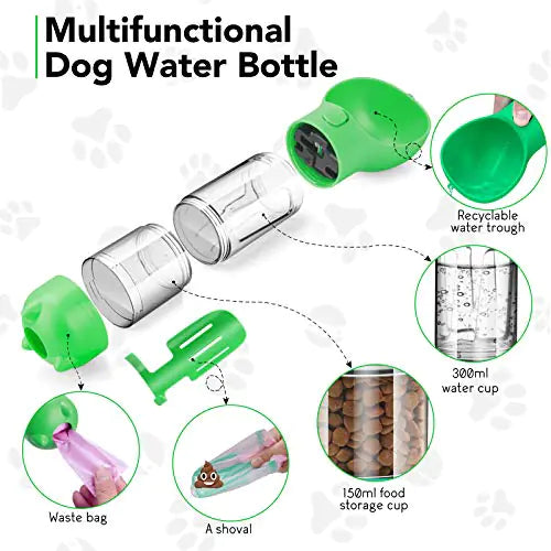 portable dog water bottle food compartment waste bag shovel